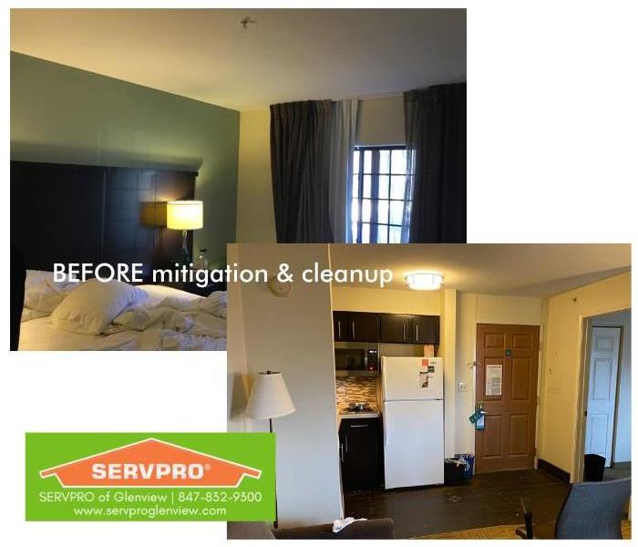 Hotel bedroom & kitchen areas, pre-mitigation, after a water pipe burst in the ceiling