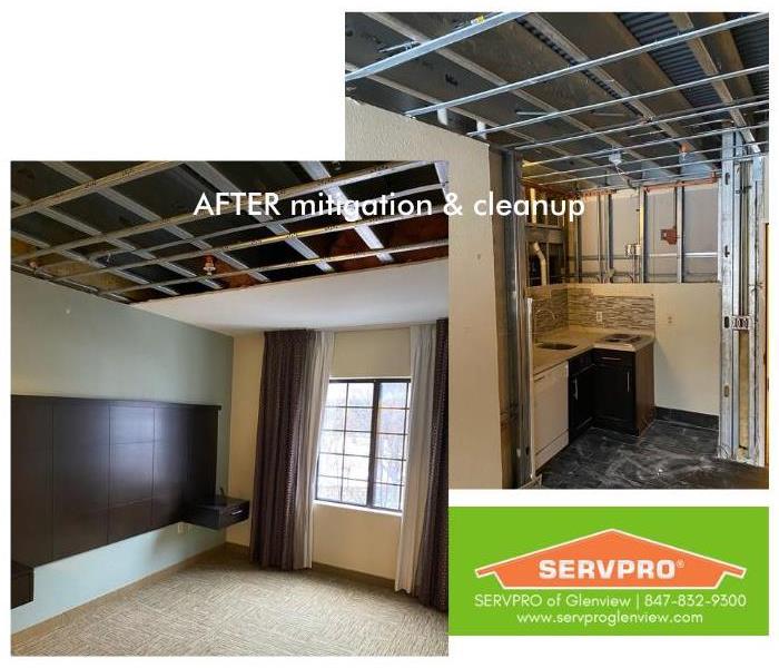 Hotel bedroom & kitchen areas, post-mitigation and cleanup, where ceiling & walls were cut out