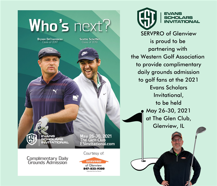 Two golfers from the ESInvite golf tourney with promo text for the tournament