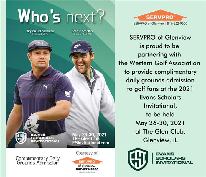 Two Evans Scholars golfers who are playing in the ESI this year, along with text announcing SERVPRO is sponsoring attendance